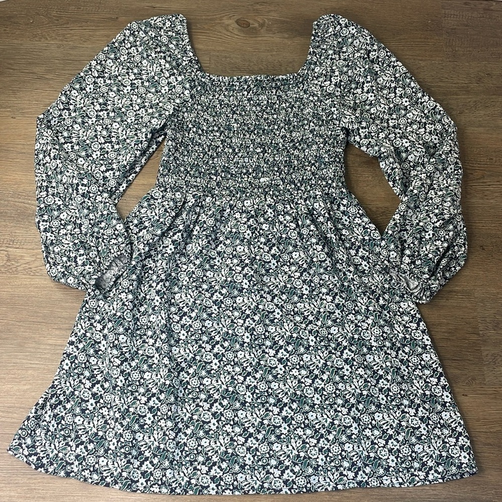 GAP Women’s Navy Blue White Floral Ruched Mini Dress, Puff Sleeve, size Small